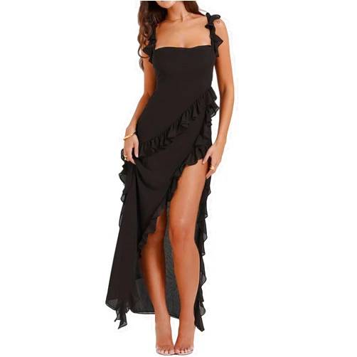 meilun Summer V-Neck Sleeveless Side Slit Backless Flowy A Line Maxi Dress Ruffle Long Dress Beach Holiday Dress