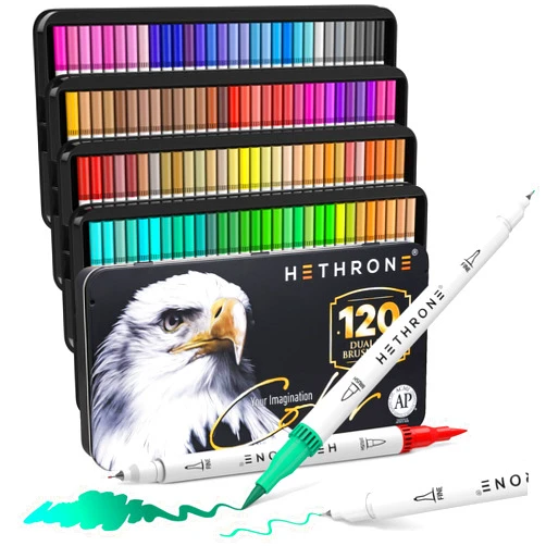 Hethrone 120 Colors Dual Tip Brush Pens, Fine Tip Brush Markers for Adult Coloring Books Drawing Lettering Calligraphy(120 Colors White)