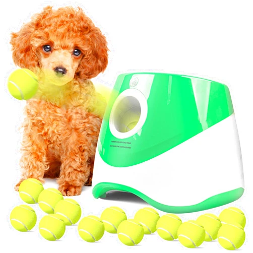 Sanchio Automatic Ball Launcher for Dogs, Dog Ball Thrower Launcher with 15 Pcs Tennis Balls, 10-30 Ft Distance Settings Ball Launcher for Small Dogs, Dog Fetch Ball Thrower Green