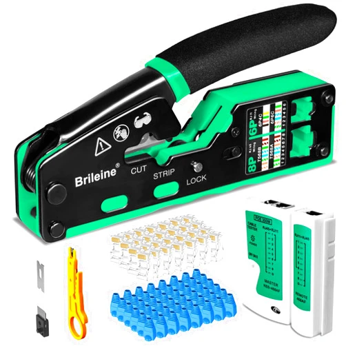 Brileine RJ45 Crimp Tool Pass Through Kit Ethernet Crimper Cat5 Cat5e Cat6 Crimping Tool for RJ11/12 6P/8P with Network Lan Cable Tester, 50PCS CAT6 Connectors, 50PCS Boots, Mini Cable Stripper