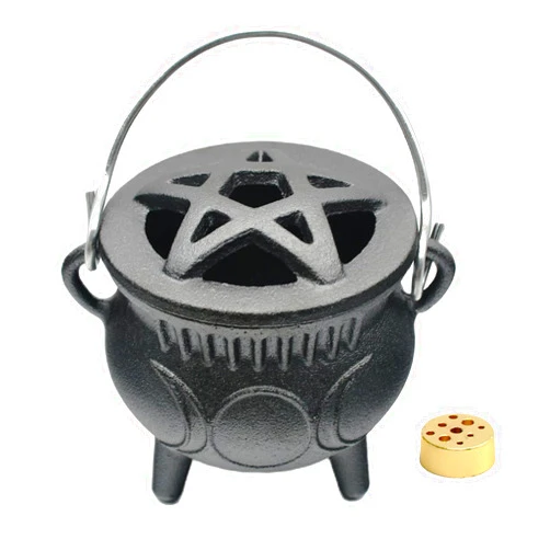 UKENEM Cast Iron Cauldron with Lid & Handle, Small Triple Moon Cast Iron Cauldron Pot, Incense Burner Witchcraft Ideal for Cooking, Smudging, Ritual Purpose, Sage, Halloween Decoration