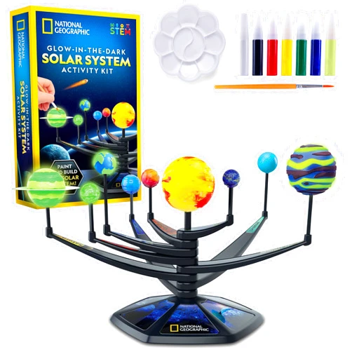 Blue Marble National Geographic Glow-in-The-Dark Solar System Model Kit for Kids - Build & Paint a 3D Planetary Model with Movable Arms, STEM Projects for Kids Ages 8-12, Space Themed Bedroom Decor