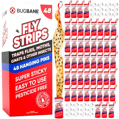 BugBane 48 Fly Strips Indoor Sticky Hanging with Pins. Fly Trap Fly Paper Strips Indoor Hanging Fly Tape for Indoors and Outdoor. Fly Catcher Fly Ribbon Sticky Fly Traps for Indoors Flypaper. Fruit Gnat Traps