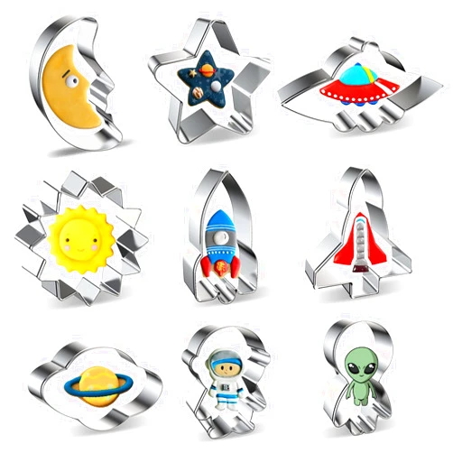 Xzhloym Space Cookie Cutters Shapes Set 9-Piece Crescent Moon, Star, Spaceship & UFO, Sun, Rocket, Space Shuttle, Planet & Saturn, Astronaut, Alien Astronomy Cookie Cutter Baking Mold for Kids First Birthday