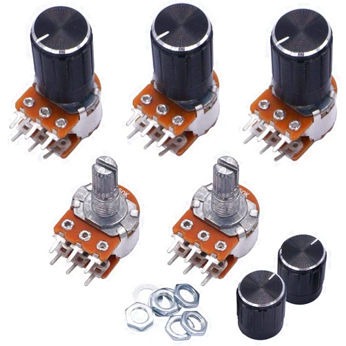 Taiss 5pcs Potentiometers 50K Ohm,Volume Control Potentiometer,6 Pins Split Shaft Rotary Linear Dual Taper Audio B Type Potentiometer with 5pcs Knob