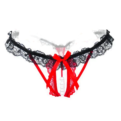 Dobovova Sexy Transparent Lace Open Crotch T Back Colored Diamond Pendant Bowknot Underpants