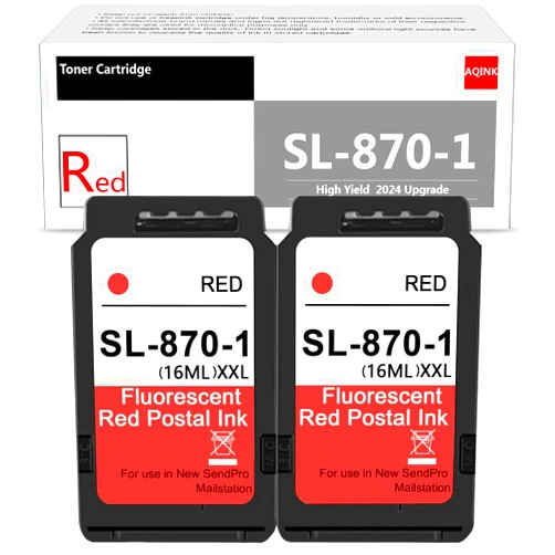 AQINK SL-870-1 XXL Fluorescent Red Ink Cartridge : 2 Pack High Capacity Replacement for Pitney Bowes SL870-1 Red Ink cartridges for SendPro Mailstation Postage Meter (CSD1) 2-Pack (2×16ML)