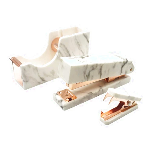 MEI YI TIAN Marble Print Gold Stapler Staples Remover Tape Dispenser Holder Set Office Desk Executive Manual Stationery Gift Kit for Desktop Accessories Supplies (Marble Print Gold Tone)