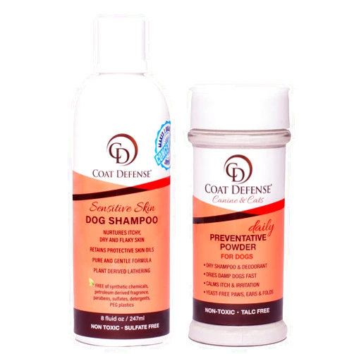 COAT DEFENSE Paw Licker Bundle | Daily Preventative Powder & Shampoo for Allergies and Itching | Yeast Infection Treatment for Dogs | Dog Shampoo Itchy Skin Relief | Dry Shampoo Yeast Powder for Dogs