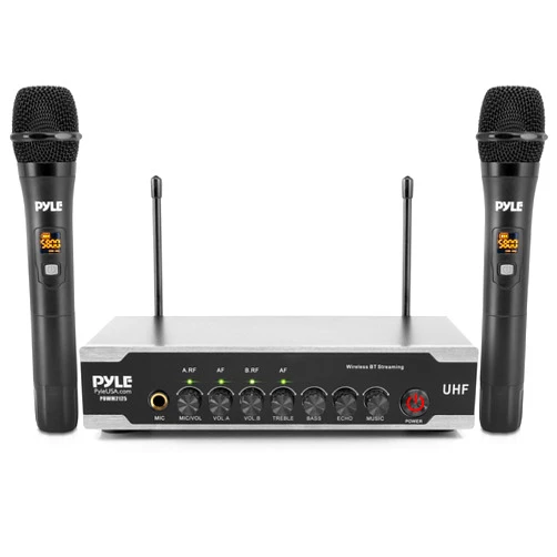 Pyle Portable Uhf Wireless Microphone System - Battery Operated Dual Bluetooth Cordless Microphone Set, Includes 2 Handheld Transmitter mic, Receiver Base, Aux, RCA, for PA Karaoke DJ Party -PDWM2125