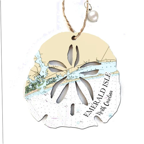 MapMom Ornament |Emerald Isle, NC Sand Dollar Map Ornament| 4” Wood Hanging Map Ornament with Artwork & Pearl Charm | Perfect for Wine Bottles, Gift Bags, or Christmas Tree | Unique Gift for any Occasion