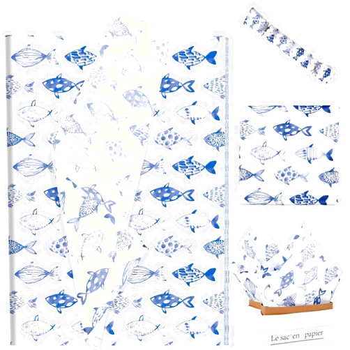Sanixin 100 Sheets Fish Tissue Paper Watercolor Blue Fish Gift Wrapping Paper for Fishing Ocean Party DIY Craft, 14 x 20 Inches
