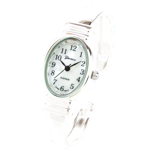 STC Silver Small Size Oval Face Metal Band Geneva Women's Bangle Cuff Watch
