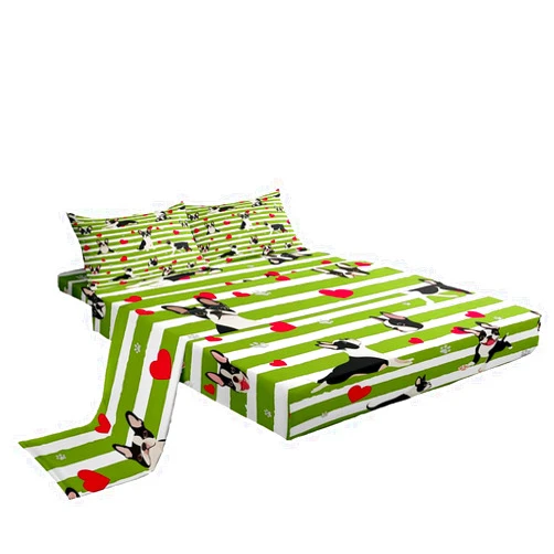 Erosebridal Cartoon Dog Bed Sheets Funny Cute Boston Terrier Dog Bedding Set Twin Size Pink Heart Green Super Soft Sheet Set Farmhouse Pet Puppy Animal Bed Sheets for Kids Boys Girls Bedroom Decor