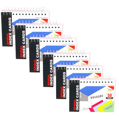 Three leaf 6-Pack Spiral Bound Colored Index Card Books, 3x5-Inch, Ruled, Perforated, Bright Colors: Canary-Cherry-Green-Blue, 50-Count per Book from Northland Wholesale. (6 Packs)