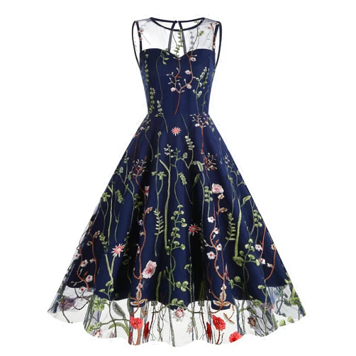 OASMA Women's Vintage Embroidery Floral Tulle Dress Sleeveless Formal Cocktail Swing Prom Party Evening Dress