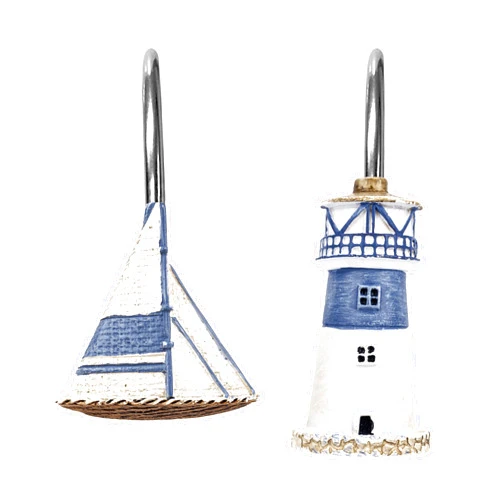 Sunlit Nautical Shower Curtain Hooks, Home Decorative Coastal Shower Curtain Rings for Bathroom, Resin, Ocean Shower Curtain Hanger Hooks for Living Room, Set of 12, Blue Lighthouse Sailboat