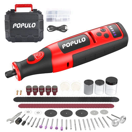 POPULO 8V Rechargeable Cordless Rotary Tool 2.0Ah Battery with 124 Pieces Accessories, 4 Position LED Lights, 5 Speed ​​Adjustment, Used for nail tool for dog,Metal Polishing,Drilling,Cutting