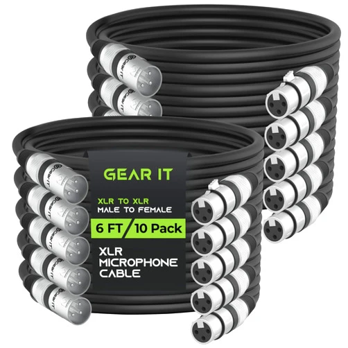 GearIT XLR to XLR Microphone Cable (6 Feet, 10-Pack) XLR Male to Female Mic Cable 3-Pin Balanced Shielded XLR Cable for Mic Mixer, Recording Studio, Podcast - Black, 6ft, 10 Pack