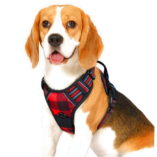 rabbitgoo Dog Harness Medium Sized Dog No Pull, Comfortable Padded Plaid Dog Harness with Handle Easy Control, Adjustable Reflective Puppy Pet Harness Vest with 2 Leash Clips, Red Plaid, M