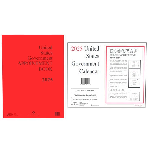 Unicor 2025, US Government Individual Monthly Wall Calendar, 11 x 9,12-Month (Jan to Dec), Qty=1 + Unicor 2025 Individual Fed Weekly Appointment Book, 11