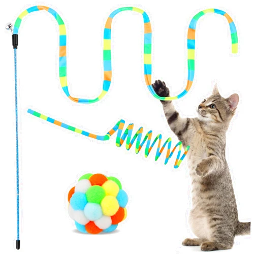 TUSATIY Cat Toys 3Pack, Cat Wand Toy Cat Fuzzy Balls with Bells &Cat Springs, Rainbow Color Interactive Cat Toys for Indoor Cats Kittens (Rainbow-Green)