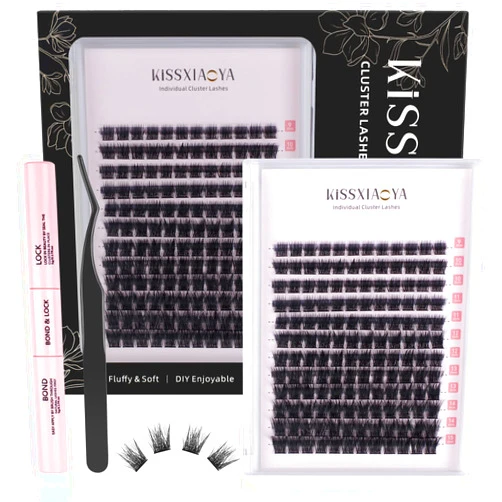 KISSXIAOYA Cluster Eyelash Extensions Kit, DIY Lashes Extension Kit with Lash Bond & Seal and Applicator, 144 Pcs 0.10mm 56D 9-15mm Mixed Wide-stem Lash, Individual at Home (Cluster Kit)
