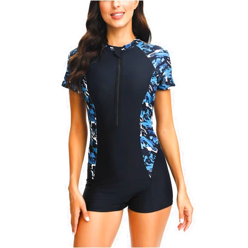 XUNRYAN One Piece Swimsuits Women Boyleg Zipper Rash Guard Short Sleeves Sun Protection Surf Athletic Sport Bathing Suits