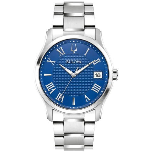 Bulova Men's Classic Wilton 3 Hand Silver Stainless Steel Watch, Blue Dial, 3 Hand Style: 96B386