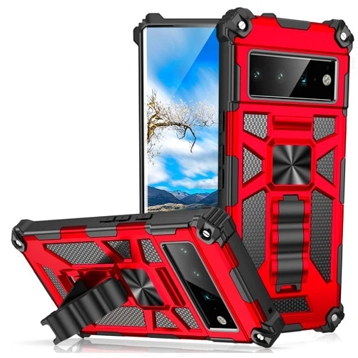 Mstechcorp Defender Armor Heavy-Duty Military-Grade Shockproof Metal Outdoor Protective Case with Rugged Magnetic Kickstand & Car Mount for Google Pixel 6 Pro (Red) (MKS-GOOPXL6-PRO-RED)