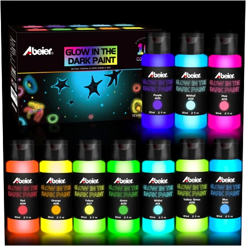 ABEIER Glow in the Dark Acrylic Paint, 10 Bright Colors (60ml/2oz) blacklight Paint, Neon Craft Paint, Long Lasting Glow Fluorescent Paint Ideal for DIY Projects Halloween Easter Christmas Decorations