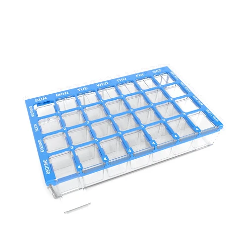 EZY DOSE Weekly (7-Day) Pill Organizer, Vitamin and Medicine Box, Medium Compartments with Easy Fill Tray, 4 Times a Day, Clear Lids, Color May Vary, BPA Free