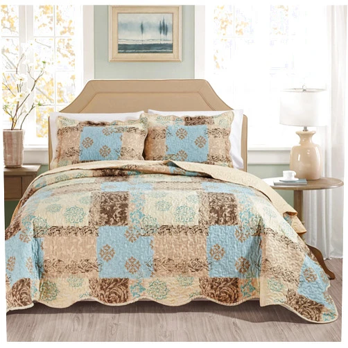 Masterplay 3-Piece Fine Printed Oversize (100''x95'') Quilt Set, Bedspread Coverlet Queen Size Bed Cover (Light Blue, Beige, Brown Floral), Oversize Queen