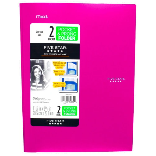 Five Star 2-Pocket Folder, Stay-Put Folder, Plastic Colored Folders with Pockets & Prong Fasteners for 3-Ring Binders, For Home School Supplies & Home Office, 11” x 8-1/2”, Pink/Purple (72117)