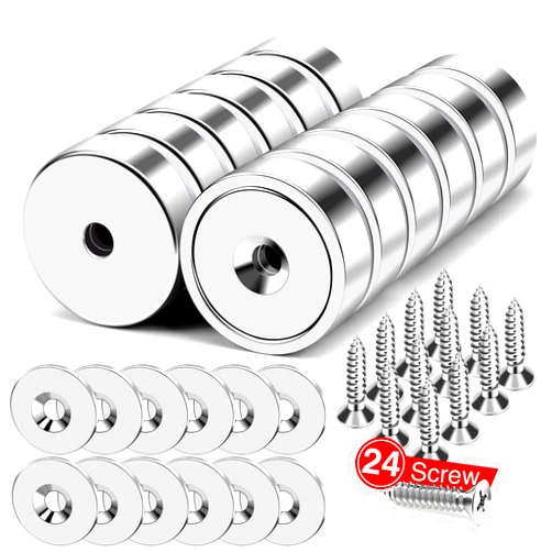 MIKEDE 12Pack Rare Earth Magnets with Hole, 40lbs Force Neodymium Cup Magnets with Countersunk Hole and Steel Capsule, Powerful Industrial Strength Strong Magnet with Screws for Mounting,0.79x0.2inch
