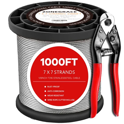 ZONEGRACE 1000FT 1/8 Stainless Steel Cable for Deck Cable Railing System,Premium T316 Aircraft Cable Kits,7x7 Strands Construction Braided Stainless Wire, 1/8 inch Wire Rope Cable with a Cutter,DIY Balustrades