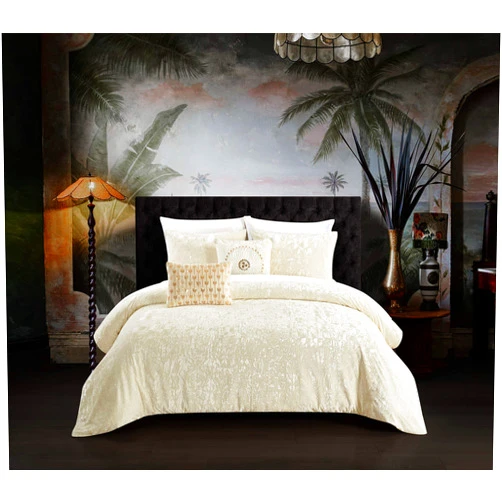 Chic Home Alianna 5 Piece Comforter Set Crinkle Crushed Velvet Bedding - Decorative Pillow Shams Included, Queen, Beige