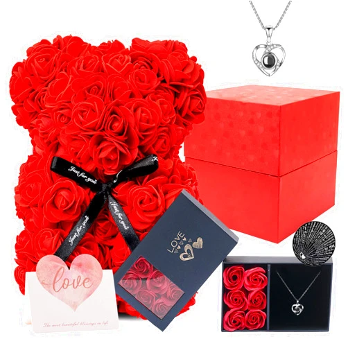 JZEEIWY Preserved Forever Rose for Mom with I Love You Necklace in 100 Languages for Woman Girlfriend Wife and Daughter, Cute Teddy Rose Bear for Birthday Anniversary Valentines Day
