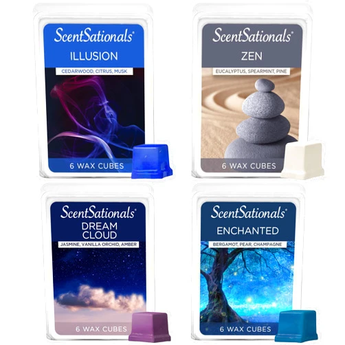 Scentsationals Wax Melts Moodscapes - Tranquility 4-Pack – Long Lasting Wax Cubes with Strong Scent for Warmers – Includes Zen, Illusion, Enchanted & Dream Cloud – 10oz (24-Cubes)
