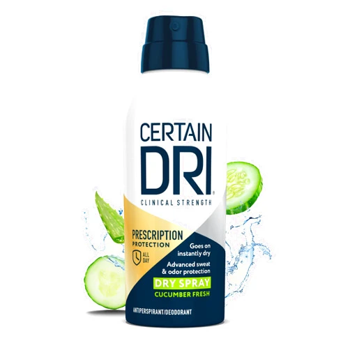 Certain Dri Prescription Strength Clinical Antiperspirant Dry Spray, Hyperhidrosis Treatment for Men & Women, Long-Lasting 72hr Protection, Whole Body Spray Deodorant, Cucumber Fresh Scent, 4.2oz