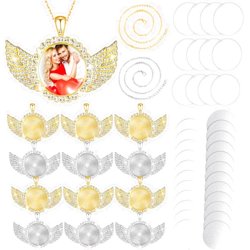 Hicarer 60 Pcs Sublimation Angel Wing Jewelry Blanks Set Rhinestone Bezel Pendant Trays Glod and Silver Sublimation Necklace Blank with Chain for Making Crafts Wedding Jewelry St. Patrick's Day Gifts