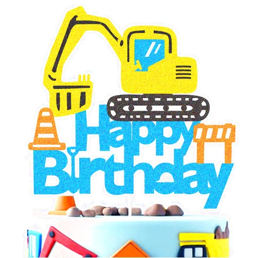 CODOMOR Construction Truck Cake Topper, Excavator Engineering Theme Double Sided Glitter Happy Birthday Cake Topper for Kids Party Supplies