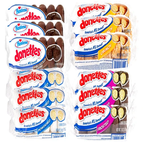 Hostess Donettes Variety Pack | Powdered, Frosted, Double Chocolate, and Crunch | 12 Packs (72 Donettes)