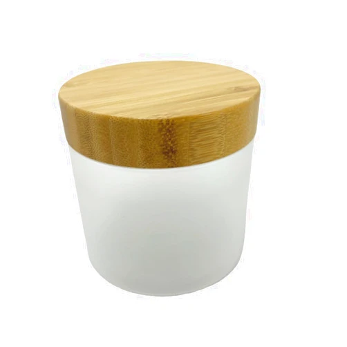 BEECO GIF2U Empty Bamboo Lid Jar 16oz/500g,Refilable Plastic Round Cosmetic Containers for Powder,Body Butter,Cream,Lotion,Wide Mouth Makeup Sample Storage Pot Dispenser(Frost)
