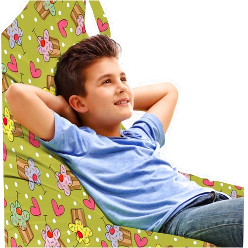 Ambesonne Childish Lounger Chair Bag, Romantic Illustration of Cupcakes and Hearts Images Along Dots in Doodle Style, High Capacity Storage with Handle Container, Lounger Size, Multicolor