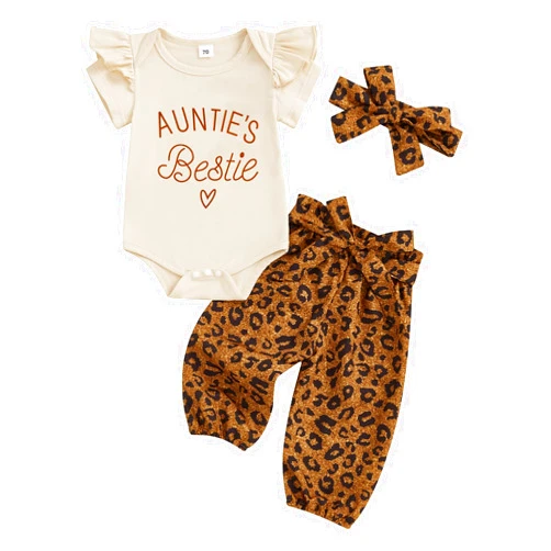 SAYOO Aunties Bestie Baby Girl Clothes Aunt Saying Letter Embroidery Ruffle Romper Leopard Pant Headband 3Pcs Summer Outfit