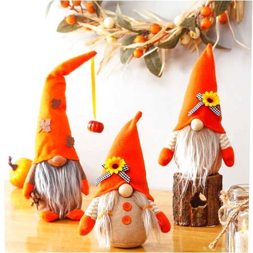 SSKE 3Pcs Fall Harvest Festival Decor Gnomes - Maple Leaf Pumpkin Plush Doll Swedish Tomte - Sunflower Indoor Tree Ornaments - Orange Autumn Nisse Doll Handmade Figurine Decoration for Home Farm