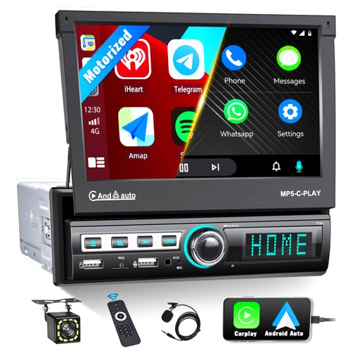 UNITOPSCI Single Din Motorized Flip Out Screen Radio Car Stereo Apple CarPlay Android Auto 7 Inch Touch Screen Bluetooth GPS Navigation Mirror Link FM/Dual USB/AUX/SD MP5 Player + Backup Camera MIC