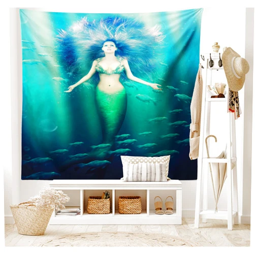 Ambesonne Mermaid Tapestry King Size, Mermaid with Fish in Sunbeams Sun Rays Underwater World, Wall Hanging Bedspread Bed Cover Wall Decor, 104
