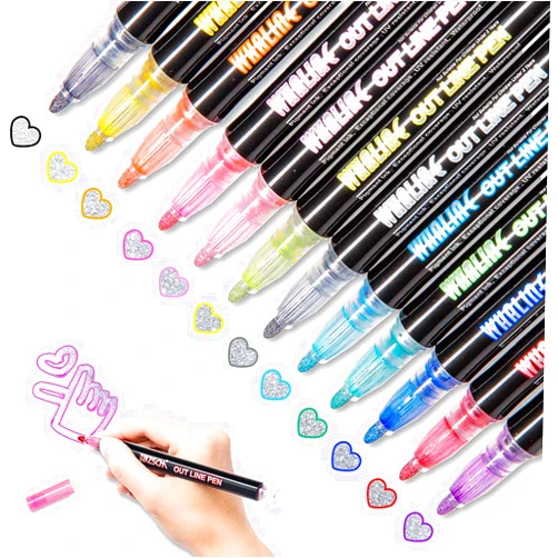 Whaline Double Line Outline Pens, 12 Colors Self-Outline Metallic Markers Glitter Writing Drawing Pens for Christmas Card Writing, Birthday Greeting, DIY Art Crafts, Scrap Booking